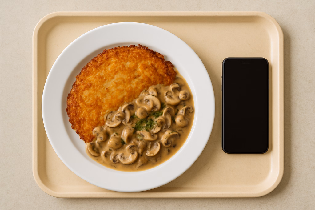 mensaVital: Riesenrösti mit Schwammerlragout (AI Generated)