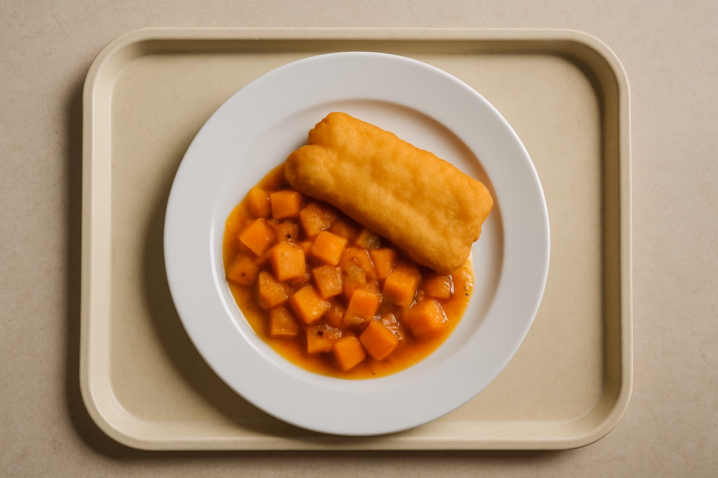 Seelachsfilet im Backteig auf süß - scharfen Kürbisragout (AI Generated)