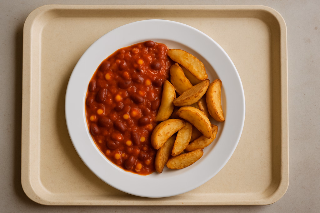 mensaVital: Chili sin Carne mit Kartoffelwedges (AI Generated)
