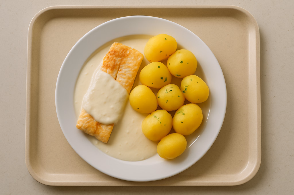 mensaVital: Seelachsfilet an Meerrettichsoße , Dampfkartoffeln (AI Generated)