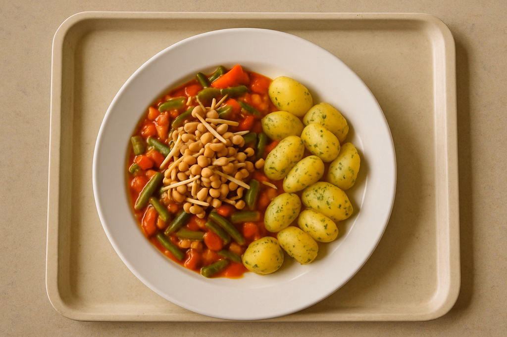 mensaVital: Bohnen - Gemüse - Ragout mit Sojasprossen, Erdnüssen und Kräuterkartoffeln oder Reis (AI Generated)