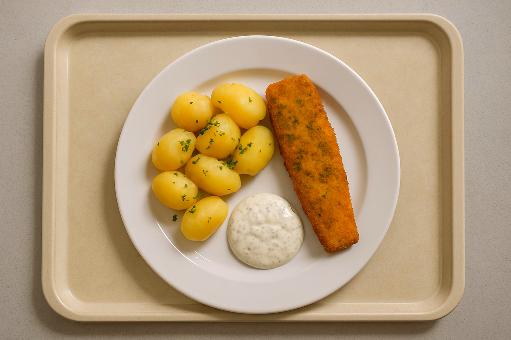 Seelachsfilet in Petersilienpanade mit hausgemachtem Kräuterdip (AI Generated)