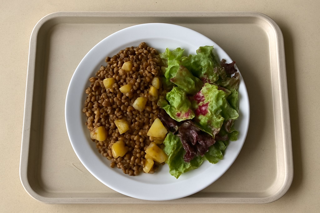 mensaVital: Linsen - Kartoffel - Kokos - Pfanne, dazu einen Blattsalat mit Himbeervinaigrette (AI Generated)