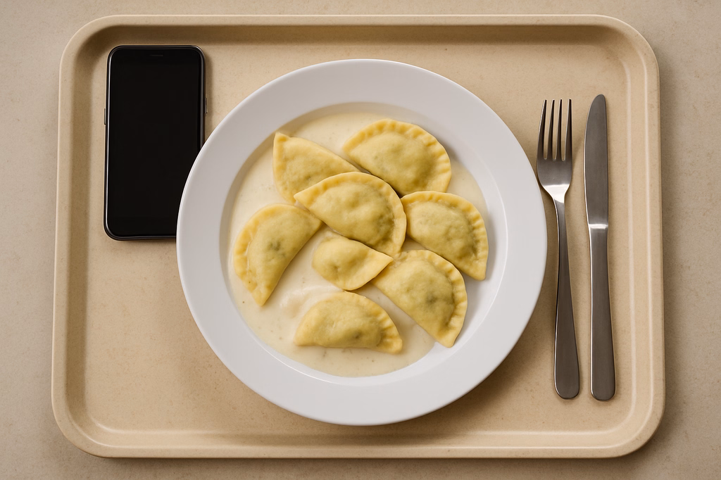 Vegane Teigtaschen "Mezzelune" mit Spinatfüllung mit veganer weißer Soße (AI Generated)
