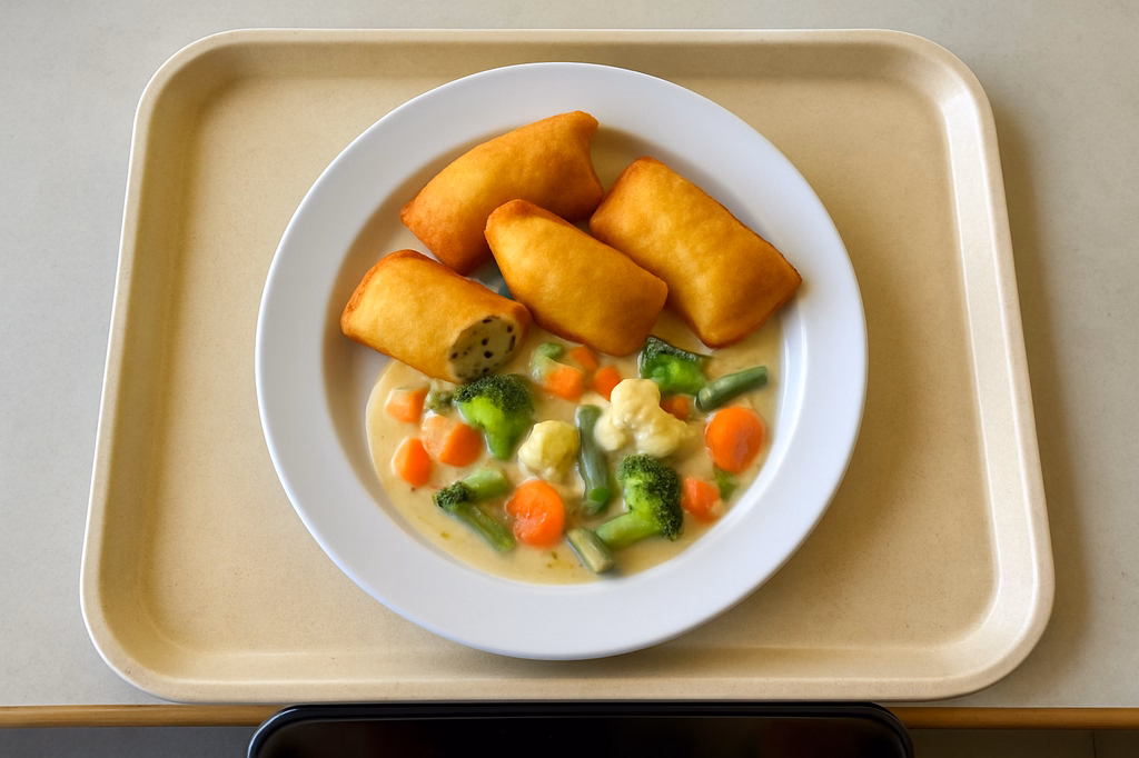 Gebackene Kartoffeltaschen "Kräuterfrischkäse" mit Kaisergemüse in Rahm (AI Generated)