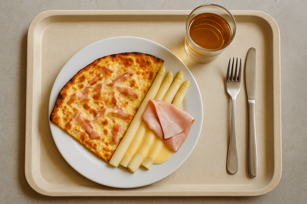 Flammkuchen mit fränkischem Spargel und Kochschinken (AI Generated)