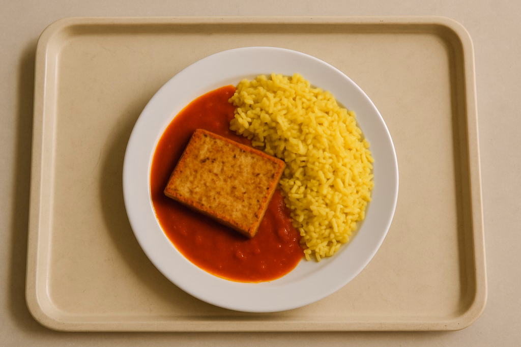 mensaVital: Tofusteak mit Tomatensoße und Kurkumareis (AI Generated)