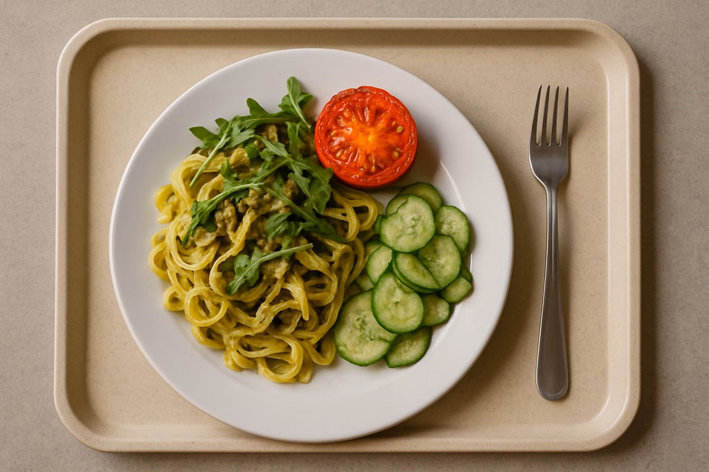 mensaVital: Tagliatelle mit Rucola - Nusspesto, Grilltomate und Gurkensalat (AI Generated)