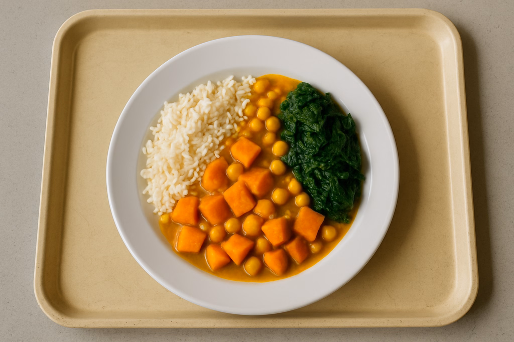 mensaVital: Süßkartoffelcurry mit Kichererbsen, Blattspinat und Basmatireis (AI Generated)