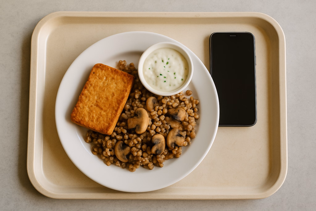 mensaVital: Tofusteak auf Buchweizen - Champignon - Pfanne mit Schnittlauchdip (AI Generated)