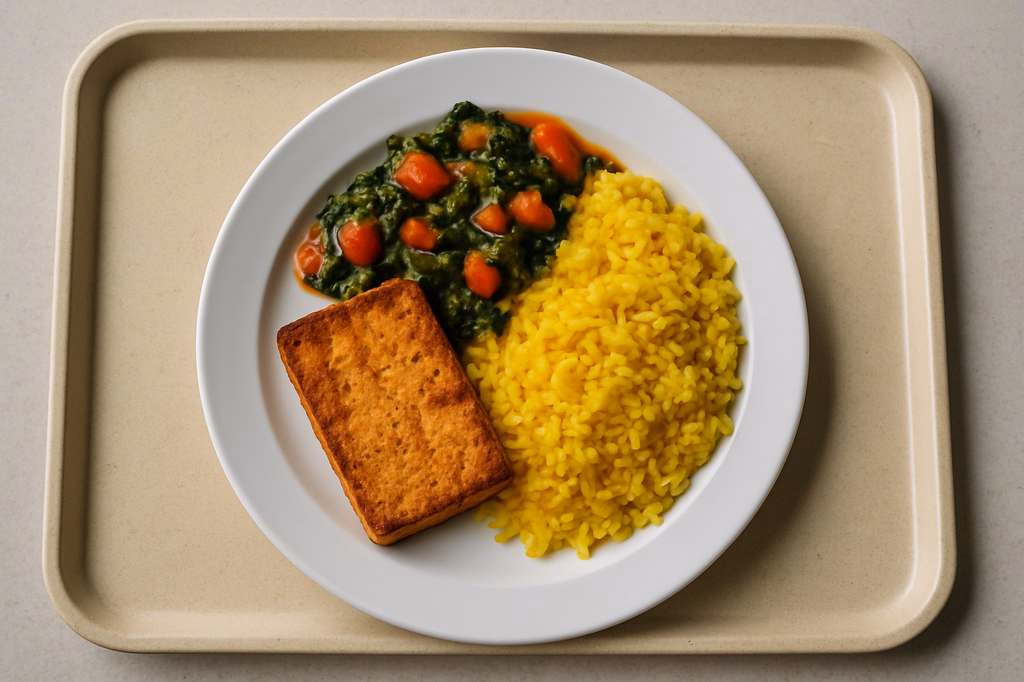 mensaVital: Tofusteak mit Spinat - Tomaten - Gemüse und Kurkumareis (AI Generated)