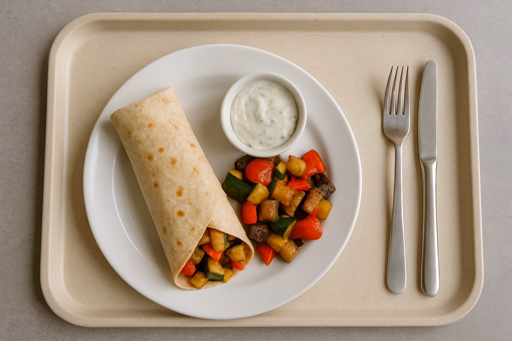 Wrap mit mediterraner Gemüsefüllung & veganem Kräuterdip (AI Generated)