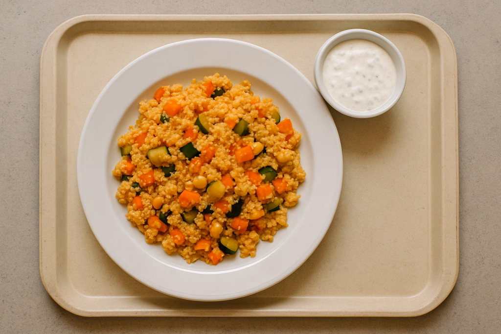 mensaVital: Gemüse Couscous-Pfanne mit Joghurt - Ingwer - Dip (AI Generated)
