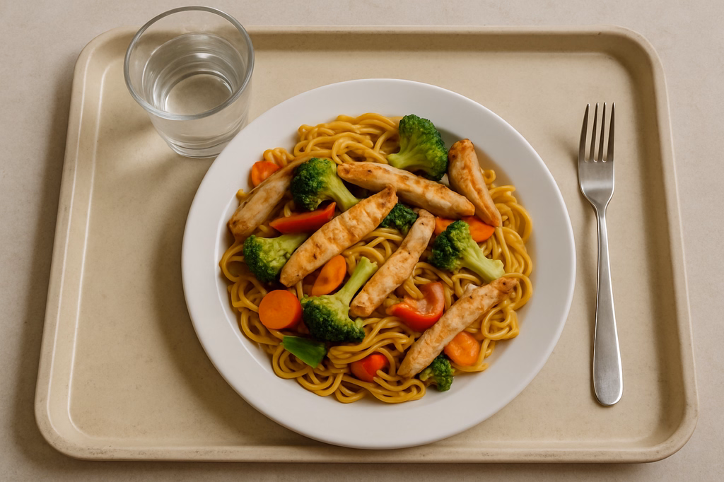 Gebratene Mie - Nudelpfanne mit frischem Gemüse und Hähnchenstreifen (AI Generated)