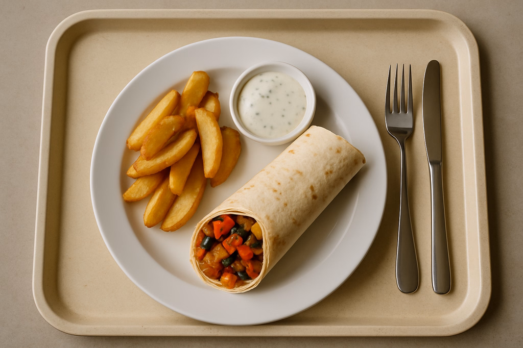 Wrap mit mediterraner Gemüsefüllung & veganem Kräuterdip (AI Generated)