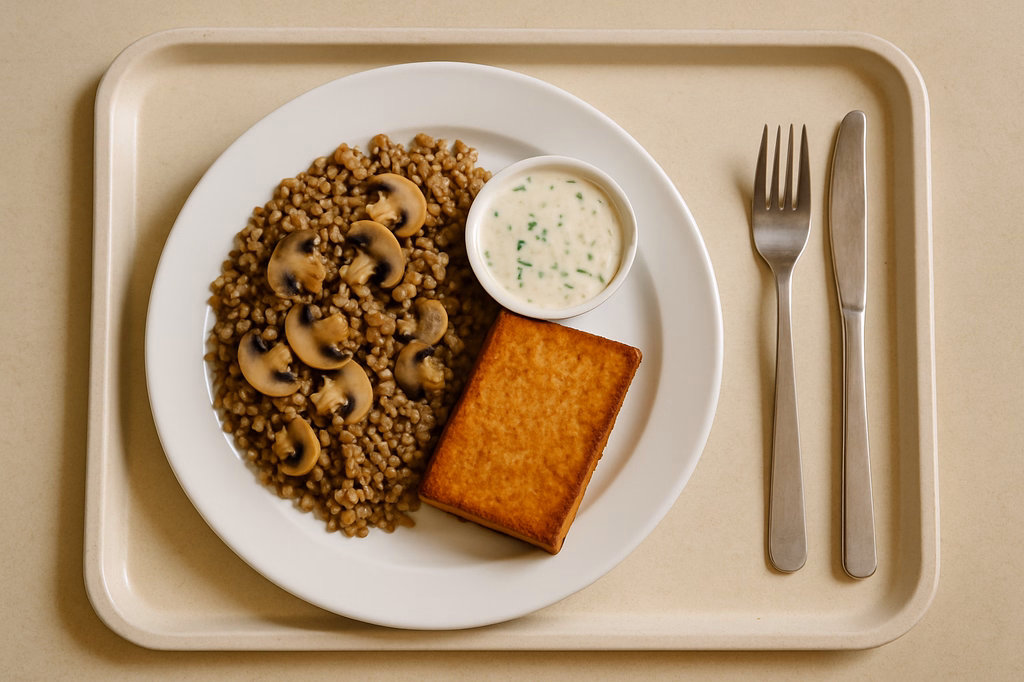 mensaVital: Tofusteak auf Buchweizen - Champignon - Pfanne mit Schnittlauchdip (AI Generated)