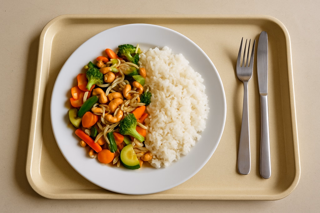 mensaVital: Wok-Gemüse - Reis mit Mungobohnensprossen und gerösteten Cashewkernen (AI Generated)
