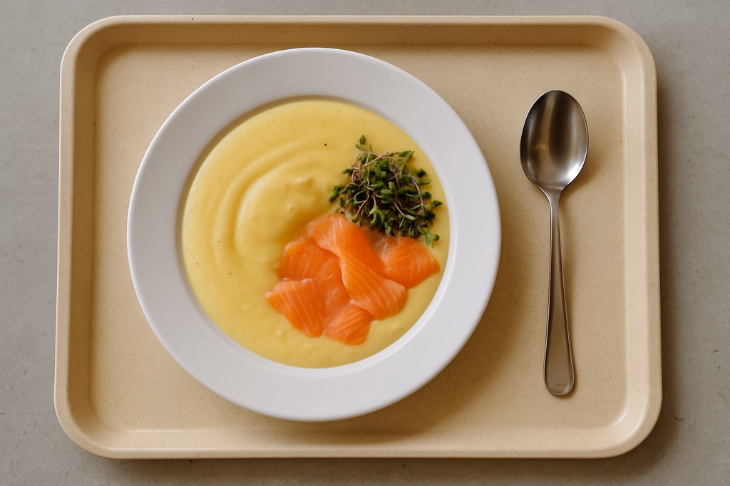Kartoffelcremesuppe mit Räucherlachs und buntem Kressemix (AI Generated)