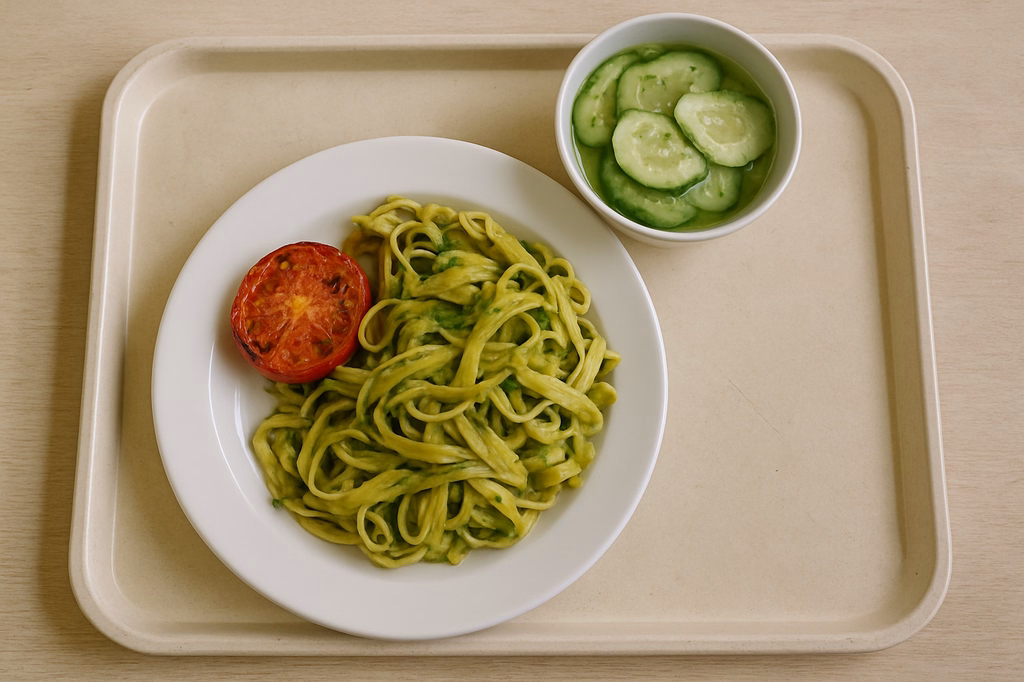 mensaVital: Tagliatelle mit Rucola - Nusspesto, Grilltomate und Gurkensalat (AI Generated)