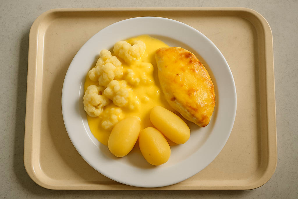 Hähnchenbrustfilet mit Blumenkohl und Sauce Hollandaise überbacken (AI Generated)