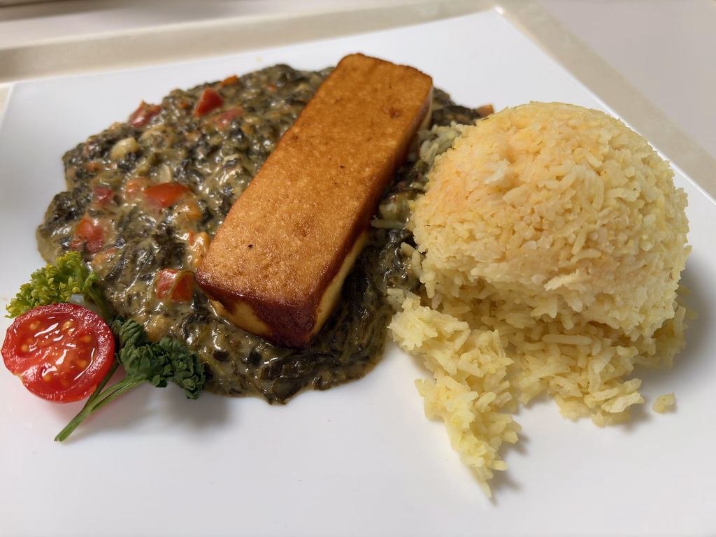 mensaVital: Tofusteak mit Spinat - Tomaten - Gemüse und Kurkumareis