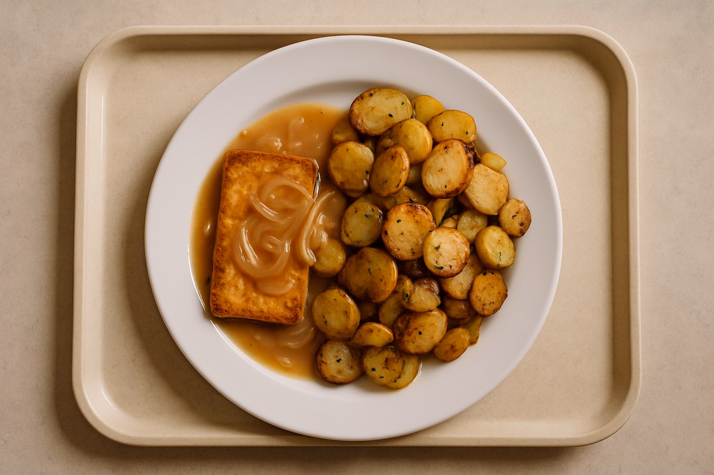 "Tofu-Steak" Zwiebelsoße Bratkartoffeln aus der Pfanne (AI Generated)