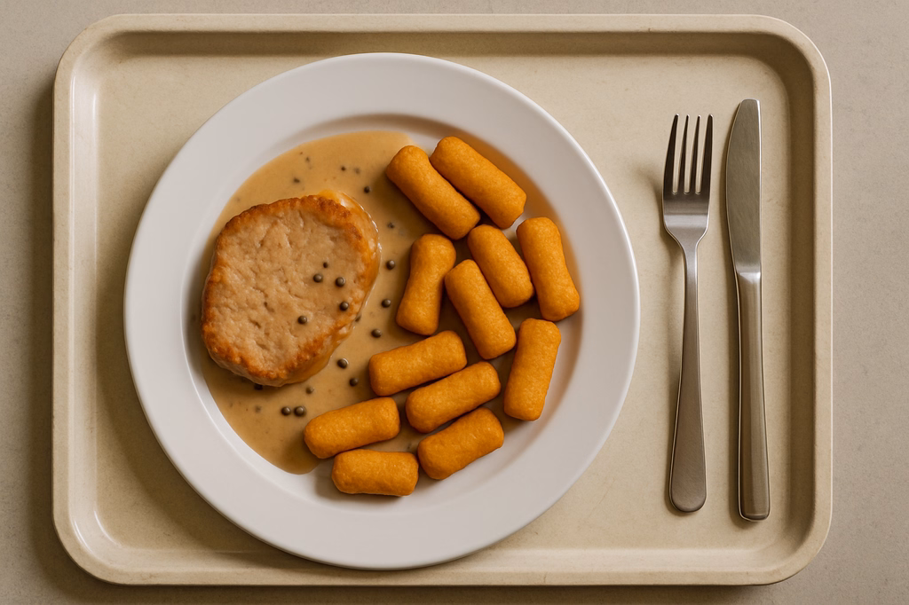 Schweinerückensteak mit Pfefferrahmsoße Kartoffelkroketten (AI Generated)