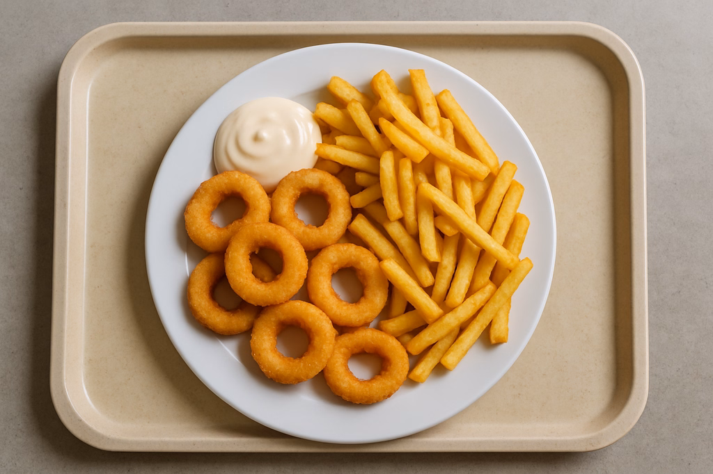 Gebackene Calamaris mit Mayo - Dip Soße Super Crunch Pommes frites (AI Generated)