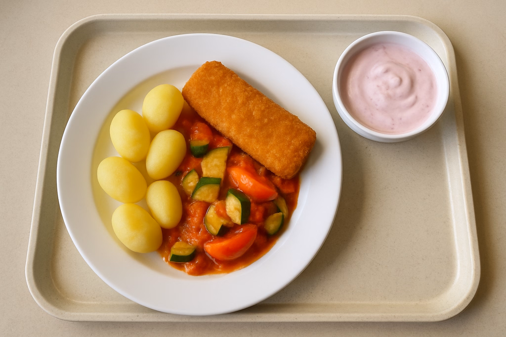 mensaVital: Seelachsfilet auf Tomaten - Zucchinigemüse, dazu Kartoffeln Himbeerjoghurt (AI Generated)