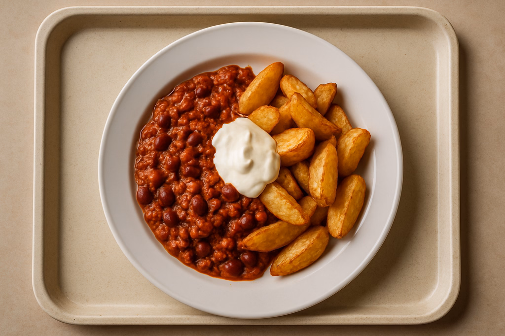 Chili con Carne aus reinem frischem Rinderhack mit Tabasco & Sour Cream gebackene Patatas (AI Generated)