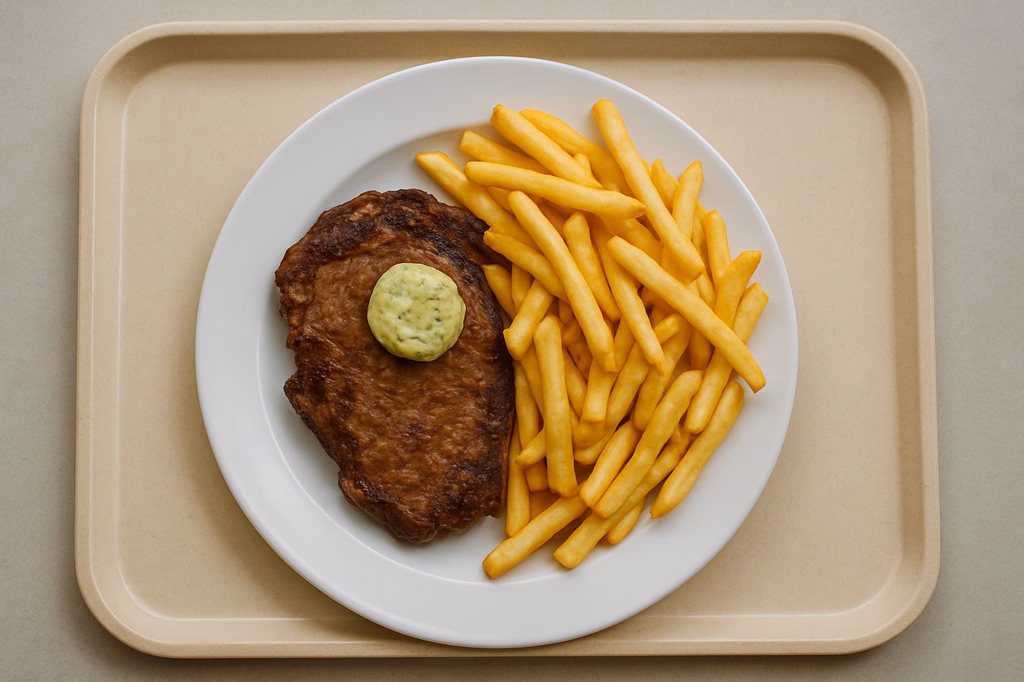 Entrecôte - medium gebraten - mit hausgemachter Kräuterbutter Steakhouse Pommes (AI Generated)