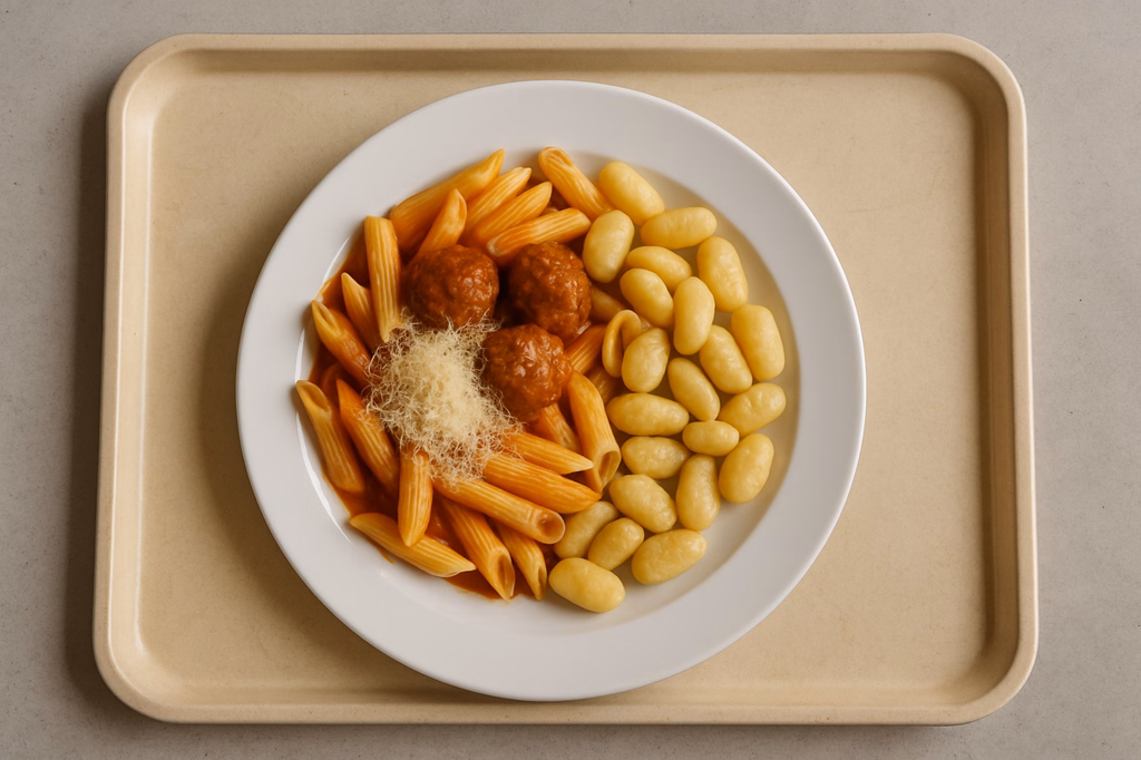 Pasta mit Hackbällchen, Grana Padano und Gnocchi (AI Generated)