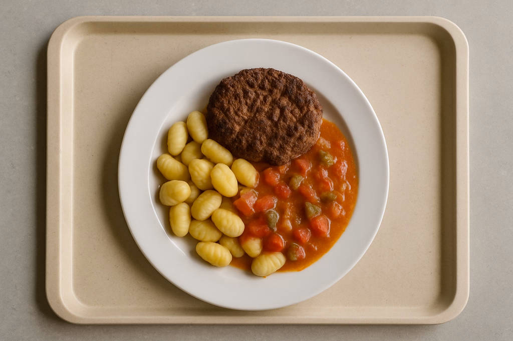 TK Hacksteak mit Paprika-Gemüsesoße Gnocchi (AI Generated)