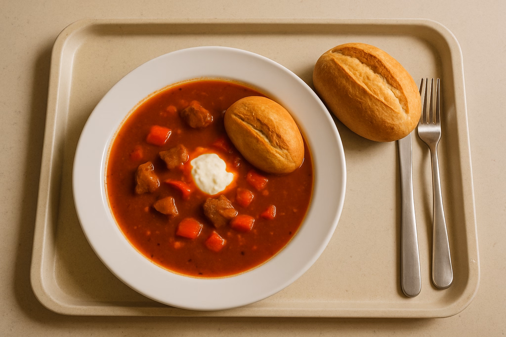 Feurige Gulaschsuppe hergestellt aus frischem Rindleisch, Paprika und Sauerrahm mit Brötchen (AI Generated)