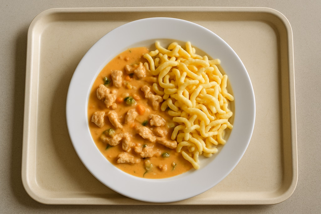 Hähnchengeschnetzeltes an Gemüserahmsoße Butterspätzle aus der Pfanne (AI Generated)