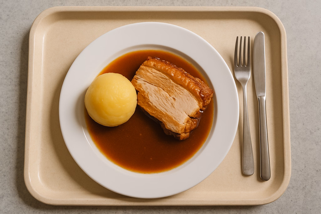 Ofenfrischer Krustenbraten in Biersoße mit Kartoffelkloß (AI Generated)