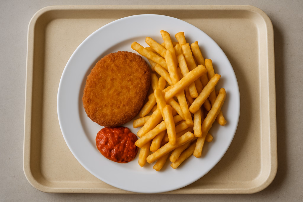 Gebackenes Gemüseschnitzel dazu Ajvar mit Super Crunch Pommes frites (AI Generated)