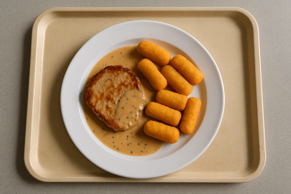 Schweinerückensteak vom Grill mit Pfefferrahmsoße Kartoffelkroketten (AI Generated)