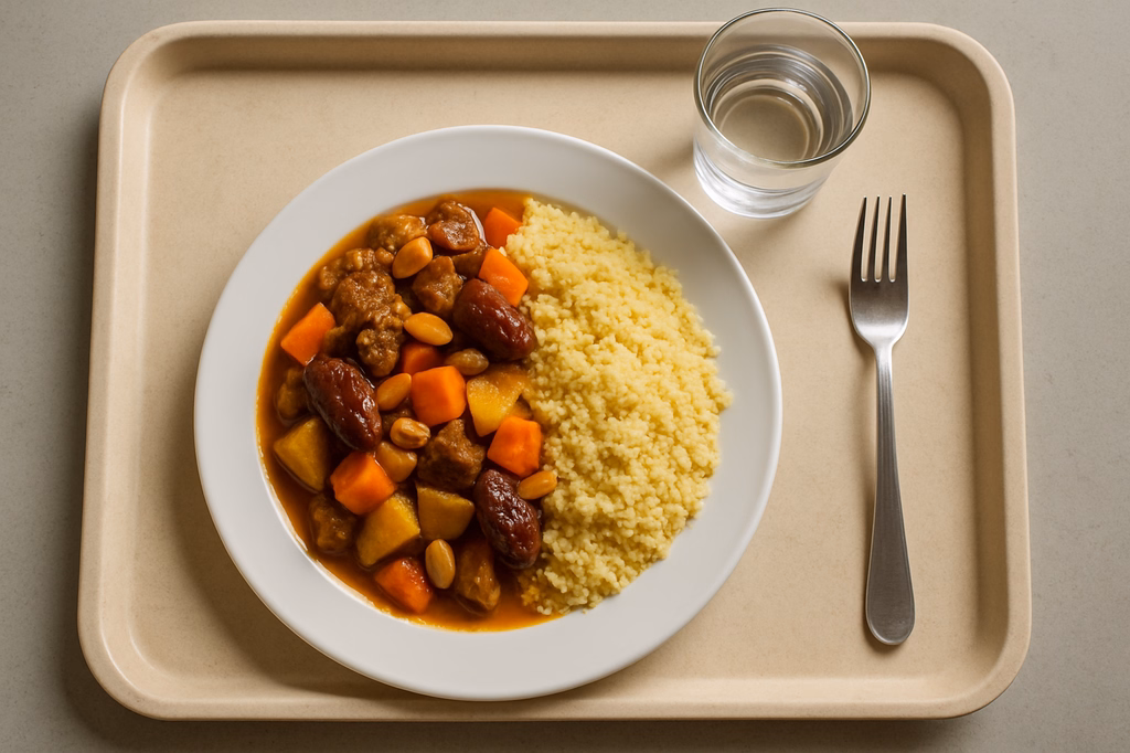 "Marokkanisches Rinder Tajine" mit Gemüse, Datteln & Nüssen dazu Couscous (AI Generated)