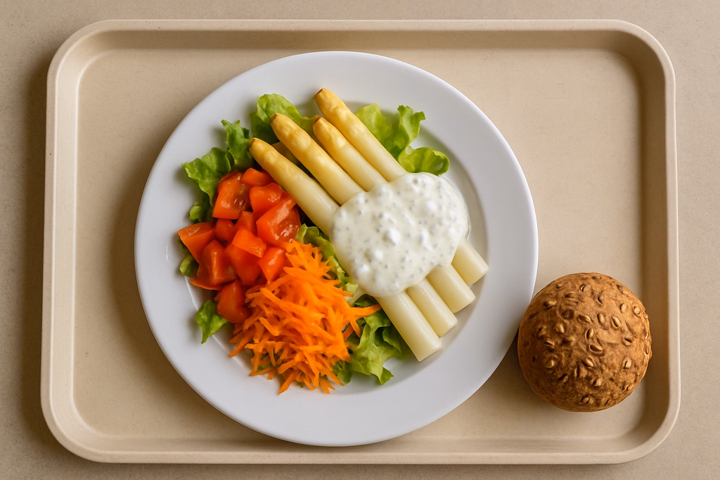 Marktsalate mit frischem fränkischen Spargel & Körnerbrötchen Kräuter-Joghurtdressing (AI Generated)