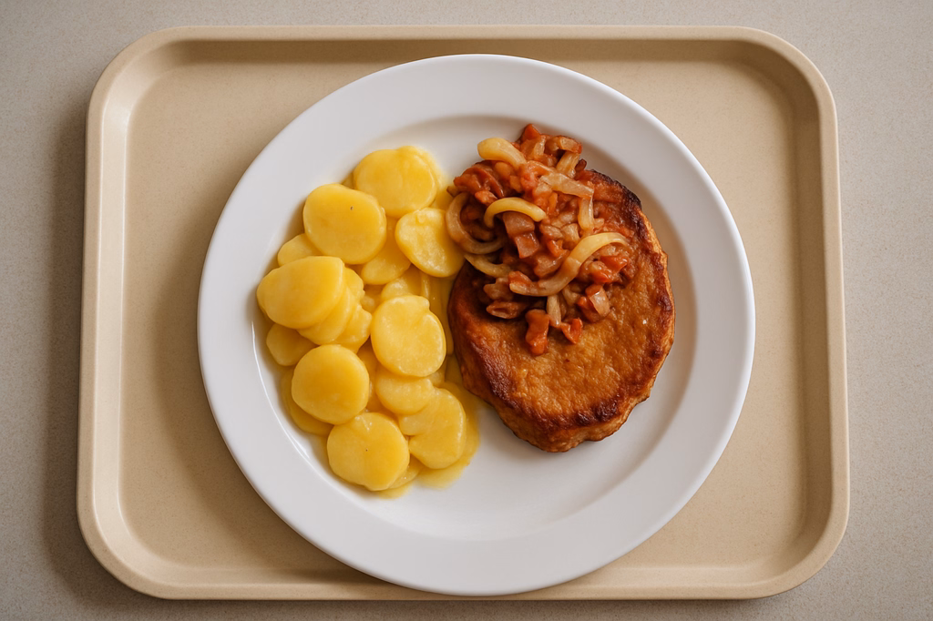 Schweinekammsteak "Holzfäller" mit Speck & Zwiebeln dazu Kartoffelsalat (AI Generated)