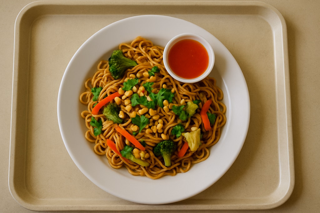 Gebratene Mienudeln "Asia Style" mit frischem Gemüse, Koriander, sweet Chili Dip & Erdnüssen (AI Generated)