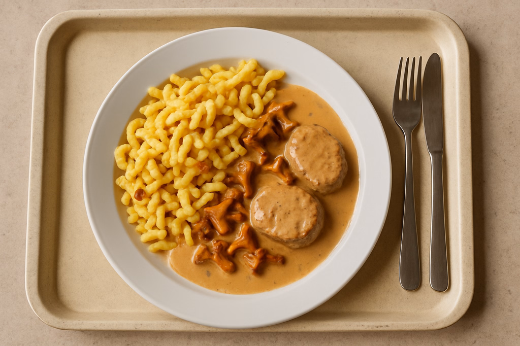 Schweinelendchen mit Rahmsoße von frischen Pfifferlingen & Speckwürfel Butterspätzle aus der Pfanne (AI Generated)