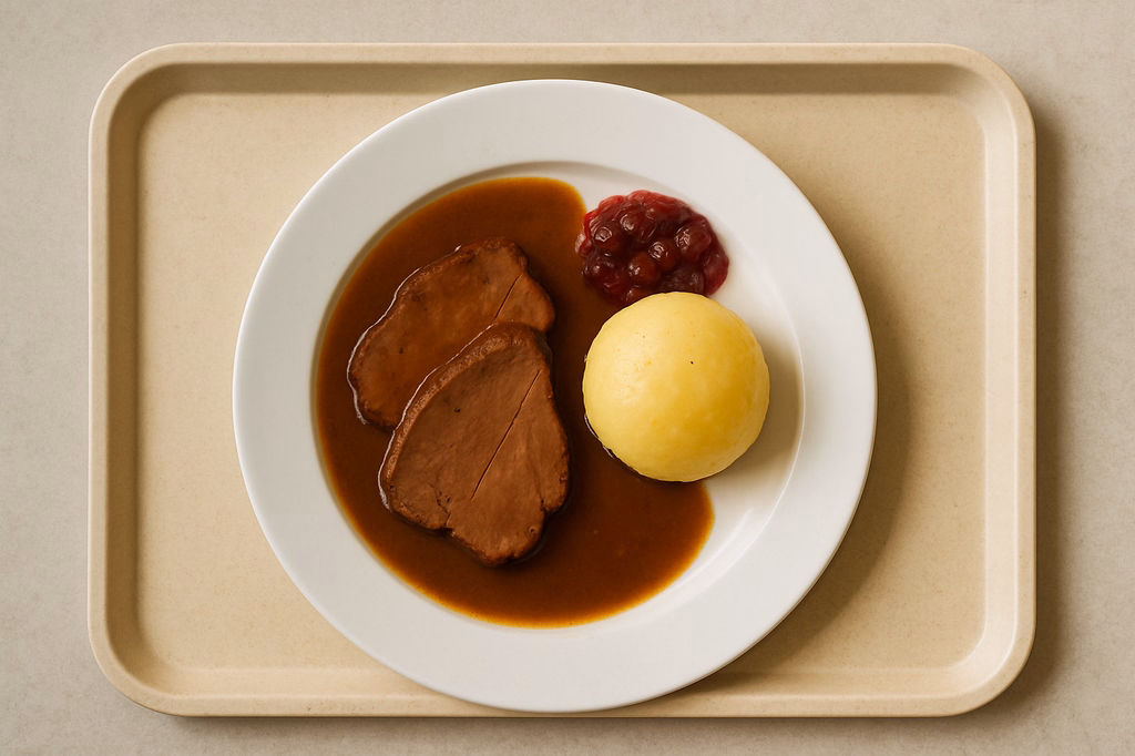 Fränkischer Sauerbraten mit Preiselbeeren, dazu Kartoffelkloß (AI Generated)