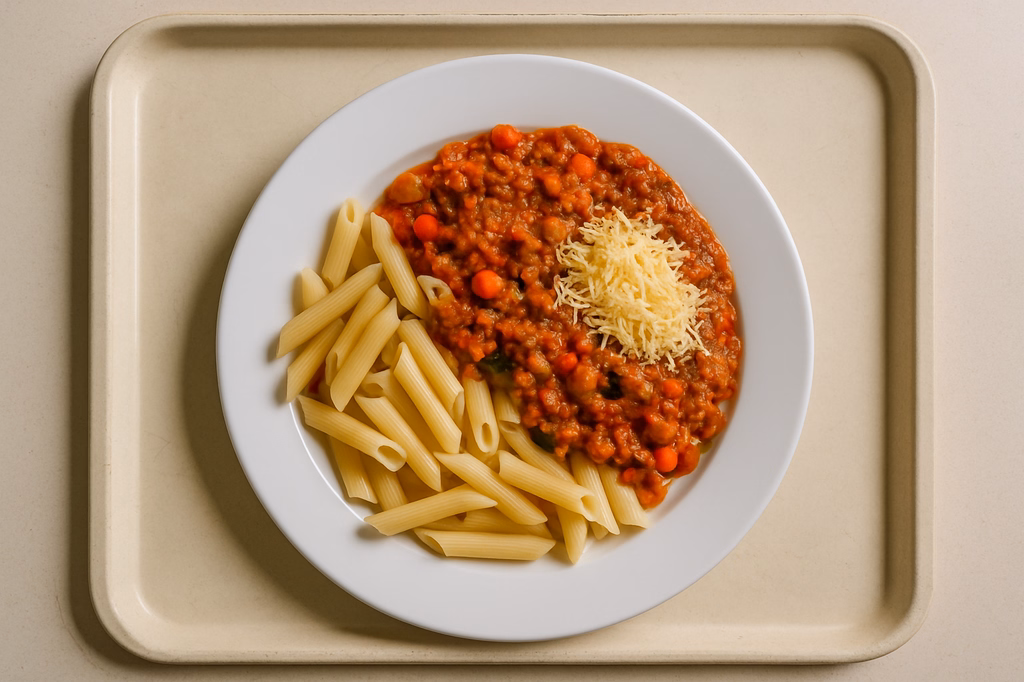 Penne mit mediterraner Soja Gemüse Bolognese und veganem Reibkäse (AI Generated)