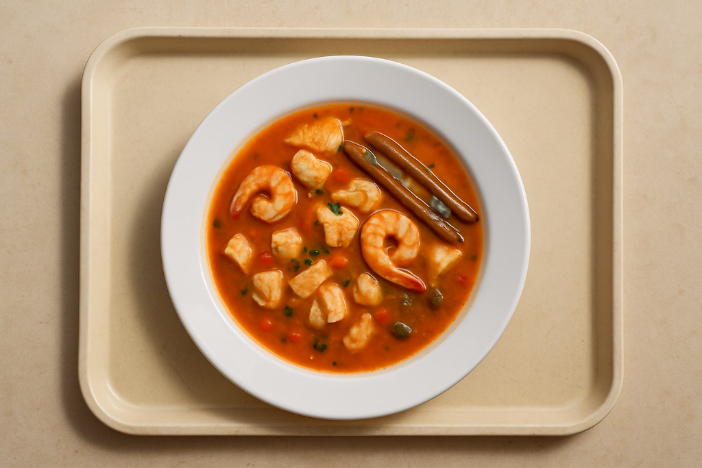 Mediterrane Fischsuppe mit Garnelen und Schwertmuscheln (AI Generated)