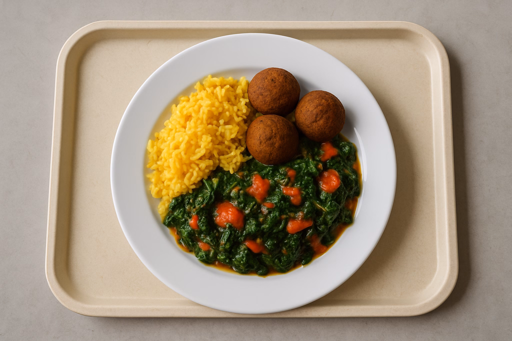mensaVital: Falaffelbällchen mit Spinat - Tomaten - Gemüse und Safranreis (AI Generated)