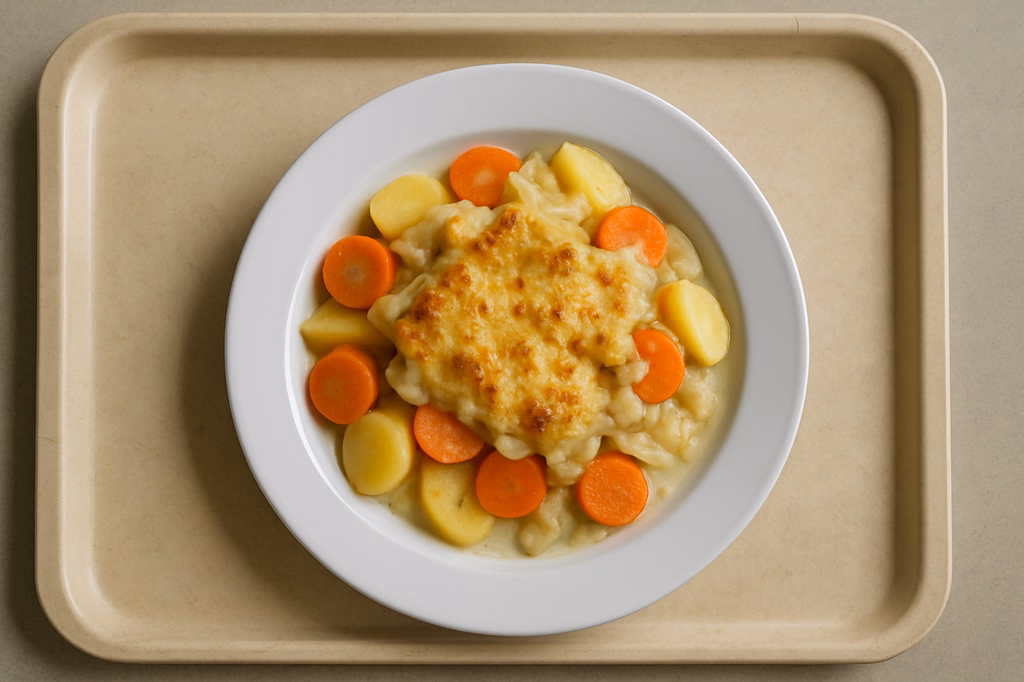 Kartoffel Karottenauflauf mit Fenchel in veganer Sauce Béchamel und veganem "Käse" überbacken (AI Generated)