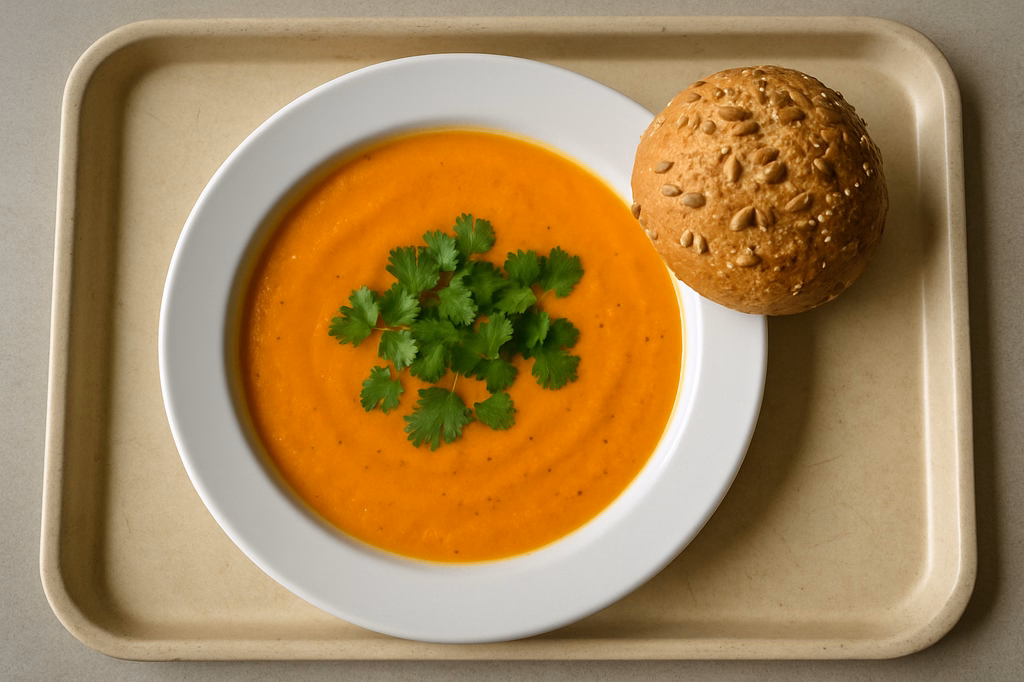 Vegane Karotten Kokossuppe mit frischem Koriander & Körnerbrötchen (AI Generated)