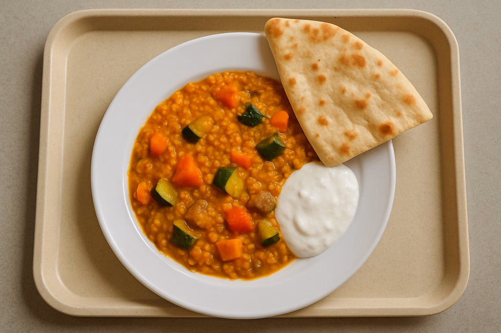 Rotes Linsen Dal mit Gemüse und Ingwer, veganem Joghurt Dip & Fladenbrot (AI Generated)